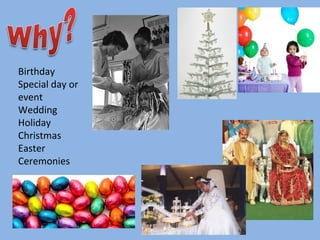 Birthday Special day or event Wedding Holiday  Christmas  Easter Ceremonies 
