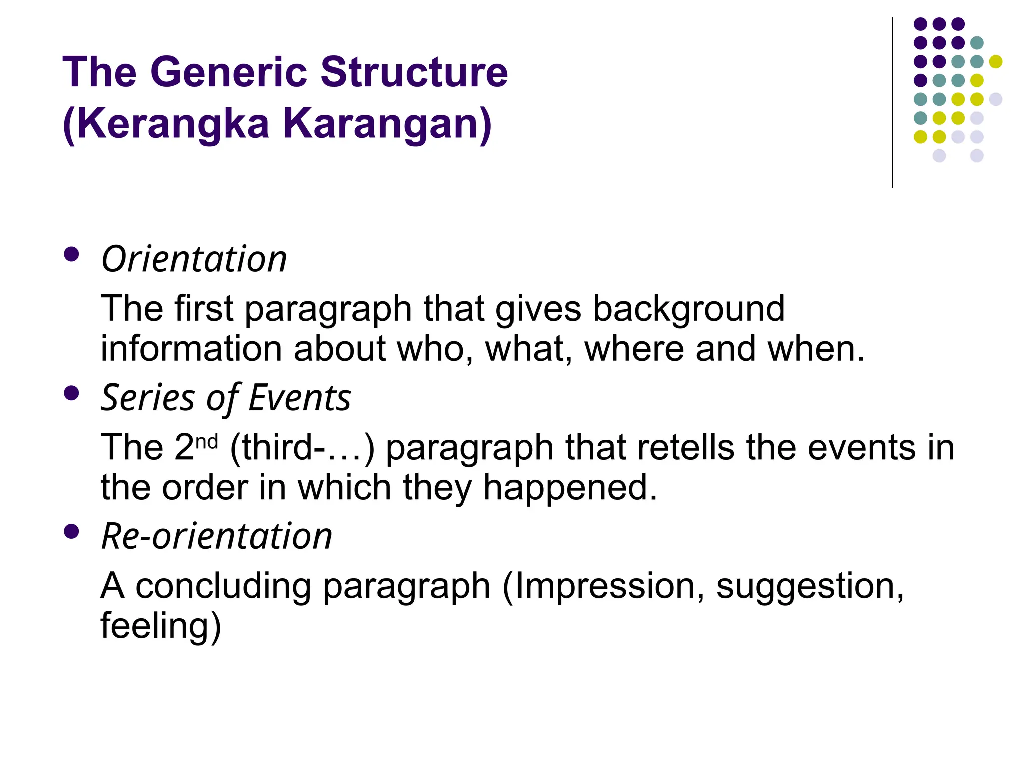 The Generic Structure
(Kerangka Karangan)
 Orientation
The first paragraph that gives background
information about who, what, where and when.
 Series of Events
The 2nd
(third-…) paragraph that retells the events in
the order in which they happened.
 Re-orientation
A concluding paragraph (Impression, suggestion,
feeling)
 