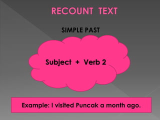 SIMPLE PAST

g

Subject + Verb 2

Example: I visited Puncak a month ago.

 