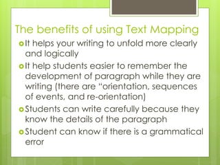 The benefits of using Text Mapping
It helps your writing to unfold more clearly
and logically
It help students easier to remember the
development of paragraph while they are
writing (there are “orientation, sequences
of events, and re-orientation)
Students can write carefully because they
know the details of the paragraph
Student can know if there is a grammatical
error
 