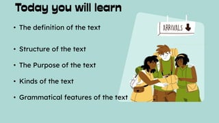 • The definition of the text
• Structure of the text
• The Purpose of the text
• Kinds of the text
• Grammatical features of the text
 
