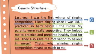 Generic Structure
Last year, I was the first winner of singing
competition. I love singing since I was kid. I
practiced so hard before I the D-day. My
parents were really supportive. They helped
me to practice and prepared healthy food for
me. They also gave me motivation to believe
in myself. That’s why winning singing
competition meant so much to me.
O
E
R
 