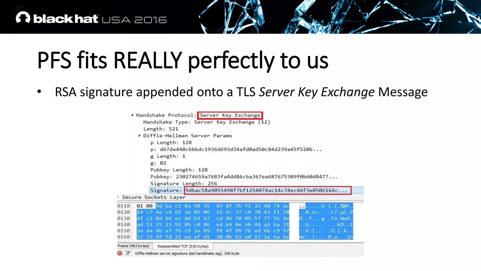 PFS fits REALLY perfectly to us
• RSA signature appended onto a TLS Server Key Exchange Message
 