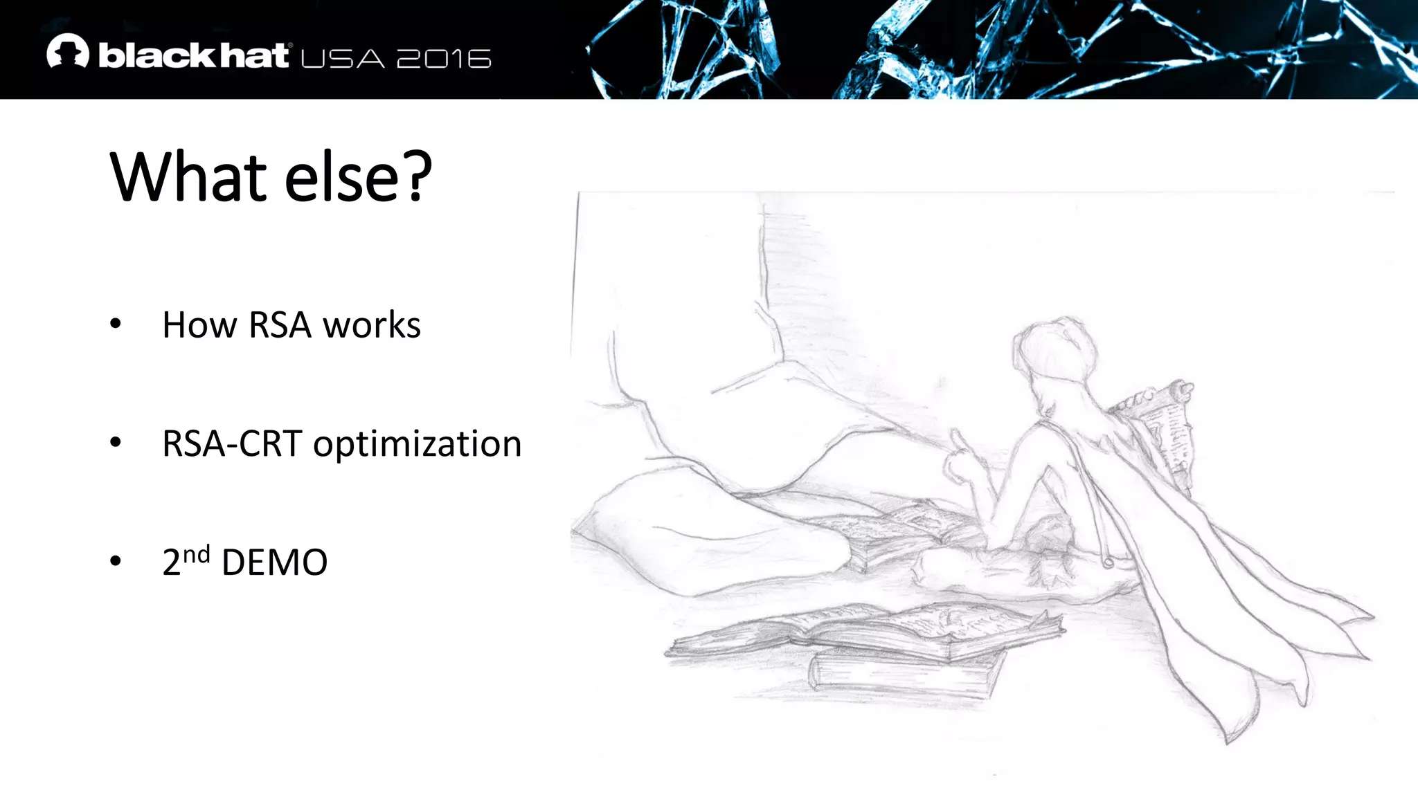 What else?
• How RSA works
• RSA-CRT optimization
• 2nd DEMO
 