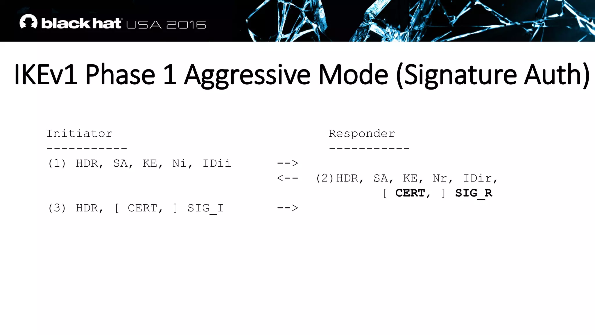 IKEv1 Phase 1 Aggressive Mode (Signature Auth)
IKE Phase 1 Authenticated With Signatures
Initiator Responder
----------- -----------
(1) HDR, SA, KE, Ni, IDii -->
<-- (2)HDR, SA, KE, Nr, IDir,
[ CERT, ] SIG_R
(3) HDR, [ CERT, ] SIG_I -->
 