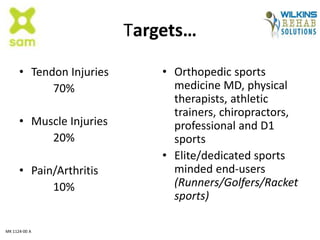 Targets…
• Tendon Injuries
70%
• Muscle Injuries
20%
• Pain/Arthritis
10%
• Orthopedic sports
medicine MD, physical
therapists, athletic
trainers, chiropractors,
professional and D1
sports
• Elite/dedicated sports
minded end-users
(Runners/Golfers/Racket
sports)
MK 1124-00 A
 