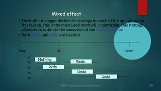 Mixed effect
• The buffer manager decides its strategy for each of the operation (for
this reason, this is the most used method). In particular, this strategy
allows to to optimize the execution of the flush operation
• Both Undo and Redo are needed
dump CK Crash
T1
T2
T3
T4
T5
Redo
Redo
Undo
Undo
Nothing
DBMS transactions and recovery 176
 