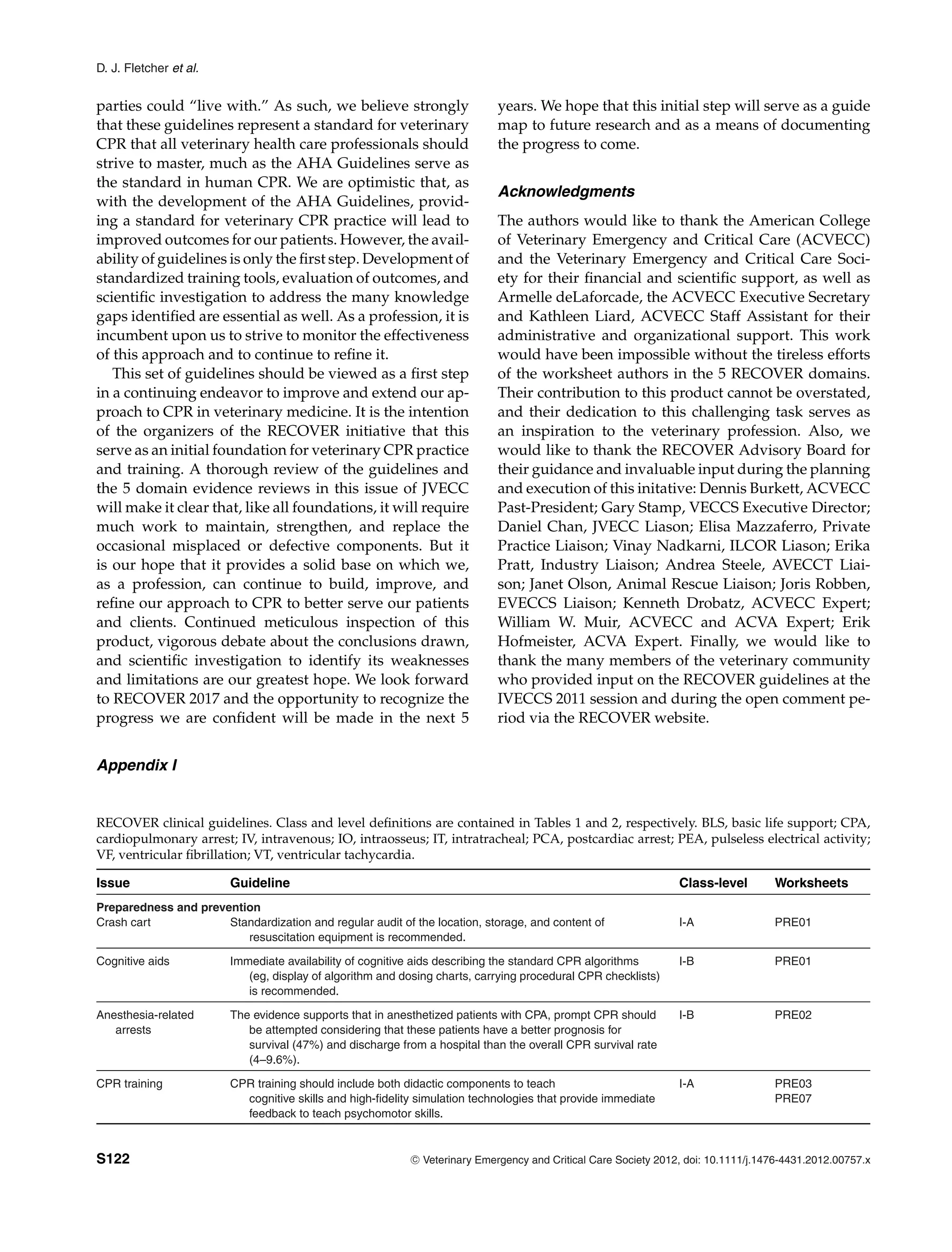 D. J. Fletcher et al.
parties could “live with.” As such, we believe strongly
that these guidelines represent a standard for veterinary
CPR that all veterinary health care professionals should
strive to master, much as the AHA Guidelines serve as
the standard in human CPR. We are optimistic that, as
with the development of the AHA Guidelines, provid-
ing a standard for veterinary CPR practice will lead to
improved outcomes for our patients. However, the avail-
ability of guidelines is only the first step. Development of
standardized training tools, evaluation of outcomes, and
scientific investigation to address the many knowledge
gaps identified are essential as well. As a profession, it is
incumbent upon us to strive to monitor the effectiveness
of this approach and to continue to refine it.
This set of guidelines should be viewed as a first step
in a continuing endeavor to improve and extend our ap-
proach to CPR in veterinary medicine. It is the intention
of the organizers of the RECOVER initiative that this
serve as an initial foundation for veterinary CPR practice
and training. A thorough review of the guidelines and
the 5 domain evidence reviews in this issue of JVECC
will make it clear that, like all foundations, it will require
much work to maintain, strengthen, and replace the
occasional misplaced or defective components. But it
is our hope that it provides a solid base on which we,
as a profession, can continue to build, improve, and
refine our approach to CPR to better serve our patients
and clients. Continued meticulous inspection of this
product, vigorous debate about the conclusions drawn,
and scientific investigation to identify its weaknesses
and limitations are our greatest hope. We look forward
to RECOVER 2017 and the opportunity to recognize the
progress we are confident will be made in the next 5
years. We hope that this initial step will serve as a guide
map to future research and as a means of documenting
the progress to come.
Acknowledgments
The authors would like to thank the American College
of Veterinary Emergency and Critical Care (ACVECC)
and the Veterinary Emergency and Critical Care Soci-
ety for their financial and scientific support, as well as
Armelle deLaforcade, the ACVECC Executive Secretary
and Kathleen Liard, ACVECC Staff Assistant for their
administrative and organizational support. This work
would have been impossible without the tireless efforts
of the worksheet authors in the 5 RECOVER domains.
Their contribution to this product cannot be overstated,
and their dedication to this challenging task serves as
an inspiration to the veterinary profession. Also, we
would like to thank the RECOVER Advisory Board for
their guidance and invaluable input during the planning
and execution of this initative: Dennis Burkett, ACVECC
Past-President; Gary Stamp, VECCS Executive Director;
Daniel Chan, JVECC Liason; Elisa Mazzaferro, Private
Practice Liaison; Vinay Nadkarni, ILCOR Liason; Erika
Pratt, Industry Liaison; Andrea Steele, AVECCT Liai-
son; Janet Olson, Animal Rescue Liaison; Joris Robben,
EVECCS Liaison; Kenneth Drobatz, ACVECC Expert;
William W. Muir, ACVECC and ACVA Expert; Erik
Hofmeister, ACVA Expert. Finally, we would like to
thank the many members of the veterinary community
who provided input on the RECOVER guidelines at the
IVECCS 2011 session and during the open comment pe-
riod via the RECOVER website.
Appendix I
RECOVER clinical guidelines. Class and level definitions are contained in Tables 1 and 2, respectively. BLS, basic life support; CPA,
cardiopulmonary arrest; IV, intravenous; IO, intraosseus; IT, intratracheal; PCA, postcardiac arrest; PEA, pulseless electrical activity;
VF, ventricular fibrillation; VT, ventricular tachycardia.
Issue Guideline Class-level Worksheets
Preparedness and prevention
Crash cart Standardization and regular audit of the location, storage, and content of
resuscitation equipment is recommended.
I-A PRE01
Cognitive aids Immediate availability of cognitive aids describing the standard CPR algorithms
(eg, display of algorithm and dosing charts, carrying procedural CPR checklists)
is recommended.
I-B PRE01
Anesthesia-related
arrests
The evidence supports that in anesthetized patients with CPA, prompt CPR should
be attempted considering that these patients have a better prognosis for
survival (47%) and discharge from a hospital than the overall CPR survival rate
(4–9.6%).
I-B PRE02
CPR training CPR training should include both didactic components to teach I-A PRE03
cognitive skills and high-fidelity simulation technologies that provide immediate
feedback to teach psychomotor skills.
PRE07
S122 C
" Veterinary Emergency and Critical Care Society 2012, doi: 10.1111/j.1476-4431.2012.00757.x
 
