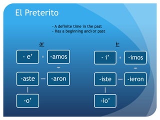 El Preterito A definite time in the past