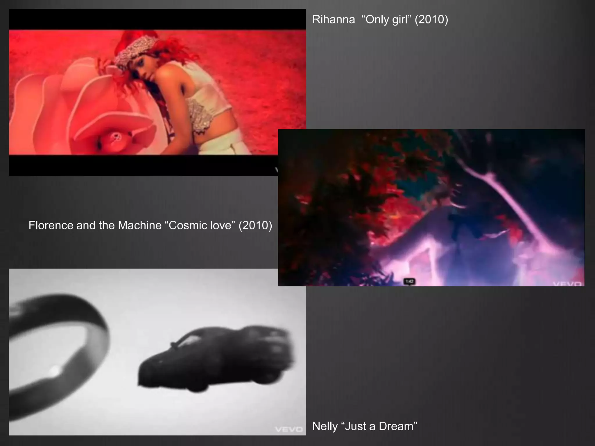 Rihanna  “Only girl” (2010)Florence and the Machine “Cosmic love” (2010)Nelly “Just a Dream”