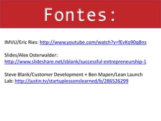 Fontes: IMVU/Eric Ries: http://www.youtube.com/watch?v=fEvKo90qBnsSlides/Alex Osterwalder: http://www.slideshare.net/sblank/successful-entrepreneurship-1Steve Blank/CustomerDevelopment + Ben Mapen/Lean LaunchLab: http://justin.tv/startuplessonslearned/b/286526299