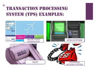 +
TRANSACTION PROCESSING
SYSTEM (TPS) EXAMPLES:
TELEPHONE
ACCOUNT SYSTEM
 