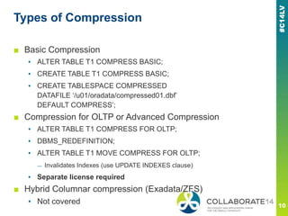 Types of Compression
■ Basic Compression
▪ ALTER TABLE T1 COMPRESS BASIC;
▪ CREATE TABLE T1 COMPRESS BASIC;
▪ CREATE TABLESPACE COMPRESSED
DATAFILE ‗/u01/oradata/compressed01.dbf‘
DEFAULT COMPRESS‘;
■ Compression for OLTP or Advanced Compression
▪ ALTER TABLE T1 COMPRESS FOR OLTP;
▪ DBMS_REDEFINITION;
▪ ALTER TABLE T1 MOVE COMPRESS FOR OLTP;
— Invalidates Indexes (use UPDATE INDEXES clause)
▪ Separate license required
■ Hybrid Columnar compression (Exadata/ZFS)
▪ Not covered
 