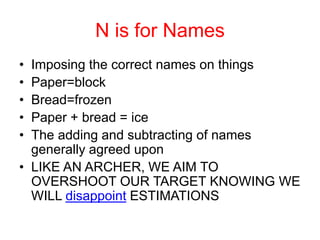 N is for Names
• Imposing the correct names on things
• Paper=block
• Bread=frozen
• Paper + bread = ice
• The adding and subtracting of names
generally agreed upon
• LIKE AN ARCHER, WE AIM TO
OVERSHOOT OUR TARGET KNOWING WE
WILL disappoint ESTIMATIONS
 