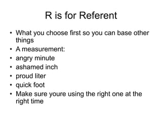 R is for Referent
• What you choose first so you can base other
things
• A measurement:
• angry minute
• ashamed inch
• proud liter
• quick foot
• Make sure youre using the right one at the
right time
 