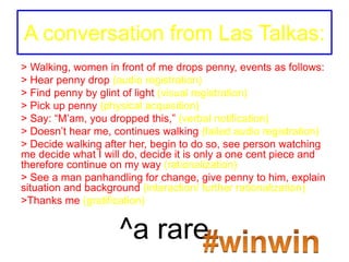 A conversation from Las Talkas:
> Walking, women in front of me drops penny, events as follows:
> Hear penny drop (audio registration)
> Find penny by glint of light (visual registration)
> Pick up penny (physical acquisition)
> Say: “M’am, you dropped this,” (verbal notification)
> Doesn’t hear me, continues walking (failed audio registration)
> Decide walking after her, begin to do so, see person watching
me decide what I will do, decide it is only a one cent piece and
therefore continue on my way (rationalization)
> See a man panhandling for change, give penny to him, explain
situation and background (interaction/ further rationalization)
>Thanks me (gratification)
^a rare
 