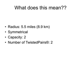 What does this mean??
• Radius: 5.5 miles (8.9 km)
• Symmetrical
• Capacity: 2
• Number of TwistedPairs®: 2
 