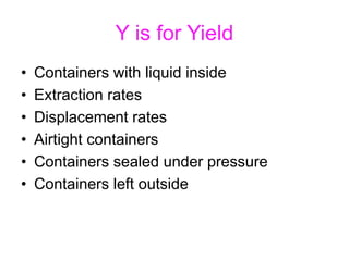 Y is for Yield
• Containers with liquid inside
• Extraction rates
• Displacement rates
• Airtight containers
• Containers sealed under pressure
• Containers left outside
 