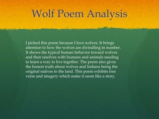 Wolf Poem Analysis
I picked this poem because I love wolves. It brings
attention to how the wolves are dwindling in number.
It shows the typical human behavior toward wolves
and then resolves with humans and animals needing
to learn a way to live together. The poem also gives
the honest truth about wolves and Indians being the
original natives to the land. This poem exhibits free
verse and imagery which make it seem like a story.
 