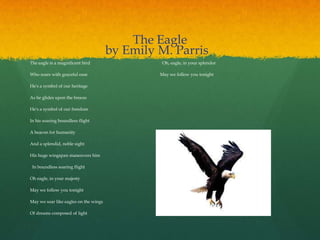 The Eagle
 by Emily M. Parris  
The eagle is a magnificent bird 
Who soars with graceful ease 
He's a symbol of our heritage 
As he glides upon the breeze  
He's a symbol of our freedom 
In his soaring boundless flight 
A beacon for humanity 
And a splendid, noble sight  
His huge wingspan maneuvers him
 In boundless soaring flight 
Oh eagle, in your majesty
May we follow you tonight 
May we soar like eagles on the wings 
Of dreams composed of light
 Oh, eagle, in your splendor 
May we follow you tonight
 