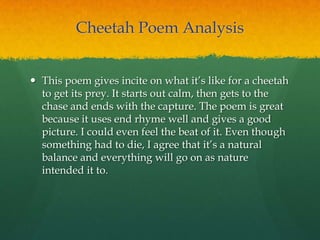 Cheetah Poem Analysis
 This poem gives incite on what it‟s like for a cheetah
to get its prey. It starts out calm, then gets to the
chase and ends with the capture. The poem is great
because it uses end rhyme well and gives a good
picture. I could even feel the beat of it. Even though
something had to die, I agree that it‟s a natural
balance and everything will go on as nature
intended it to.
 