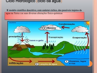 Ciclo Hidrológico (ciclo da água)
E modelo científico descritivo, com carácter cíclico, dos possíveis trajetos da
agua na Terra e as suas diversas alterações físico-químicas
 