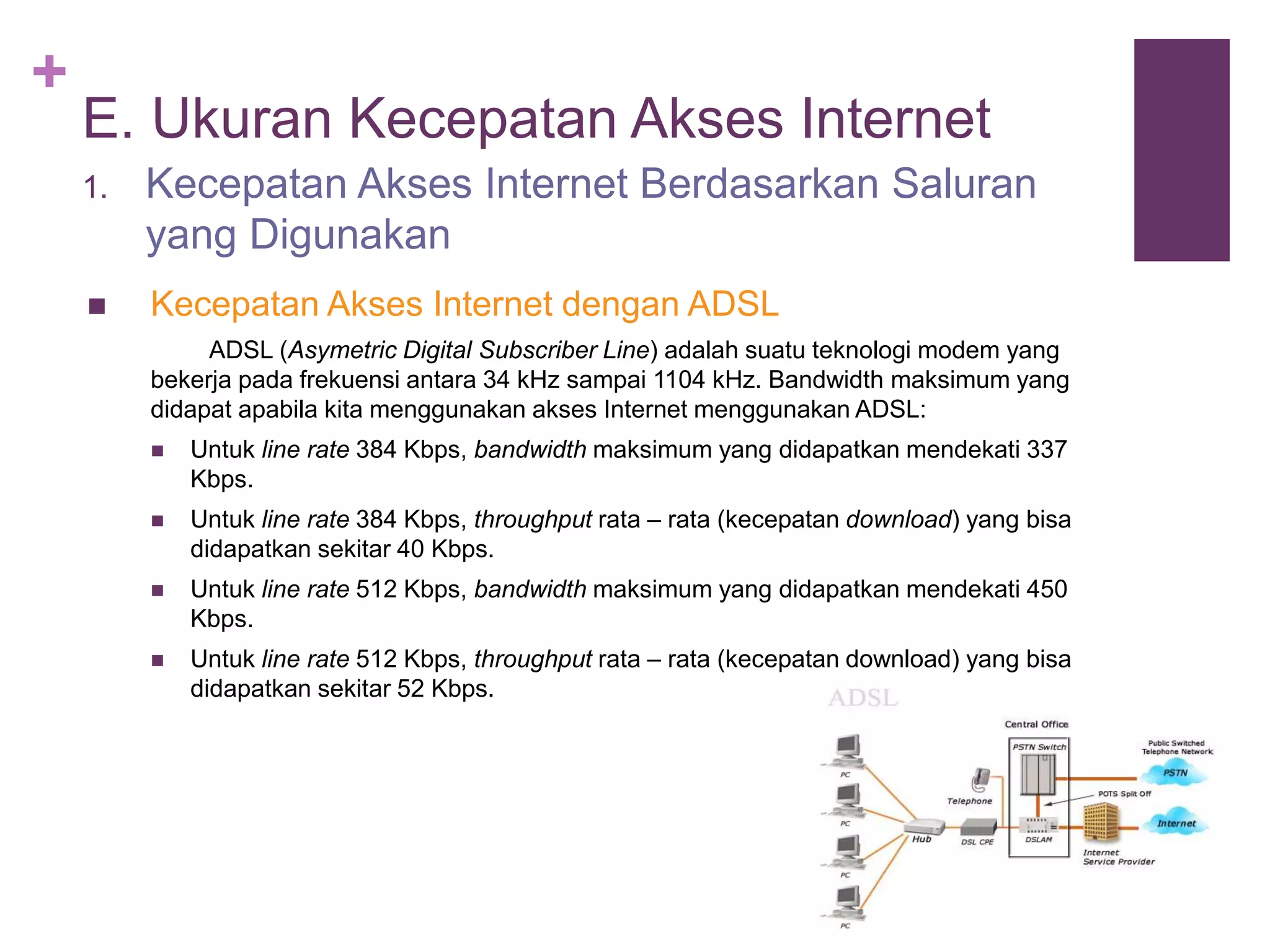 + 
E. Ukuran Kecepatan Akses Internet 
1. Kecepatan Akses Internet Berdasarkan Saluran 
yang Digunakan 
 Kecepatan Akses Internet dengan ADSL 
ADSL (Asymetric Digital Subscriber Line) adalah suatu teknologi modem yang 
bekerja pada frekuensi antara 34 kHz sampai 1104 kHz. Bandwidth maksimum yang 
didapat apabila kita menggunakan akses Internet menggunakan ADSL: 
 Untuk line rate 384 Kbps, bandwidth maksimum yang didapatkan mendekati 337 
Kbps. 
 Untuk line rate 384 Kbps, throughput rata – rata (kecepatan download) yang bisa 
didapatkan sekitar 40 Kbps. 
 Untuk line rate 512 Kbps, bandwidth maksimum yang didapatkan mendekati 450 
Kbps. 
 Untuk line rate 512 Kbps, throughput rata – rata (kecepatan download) yang bisa 
didapatkan sekitar 52 Kbps. 
 