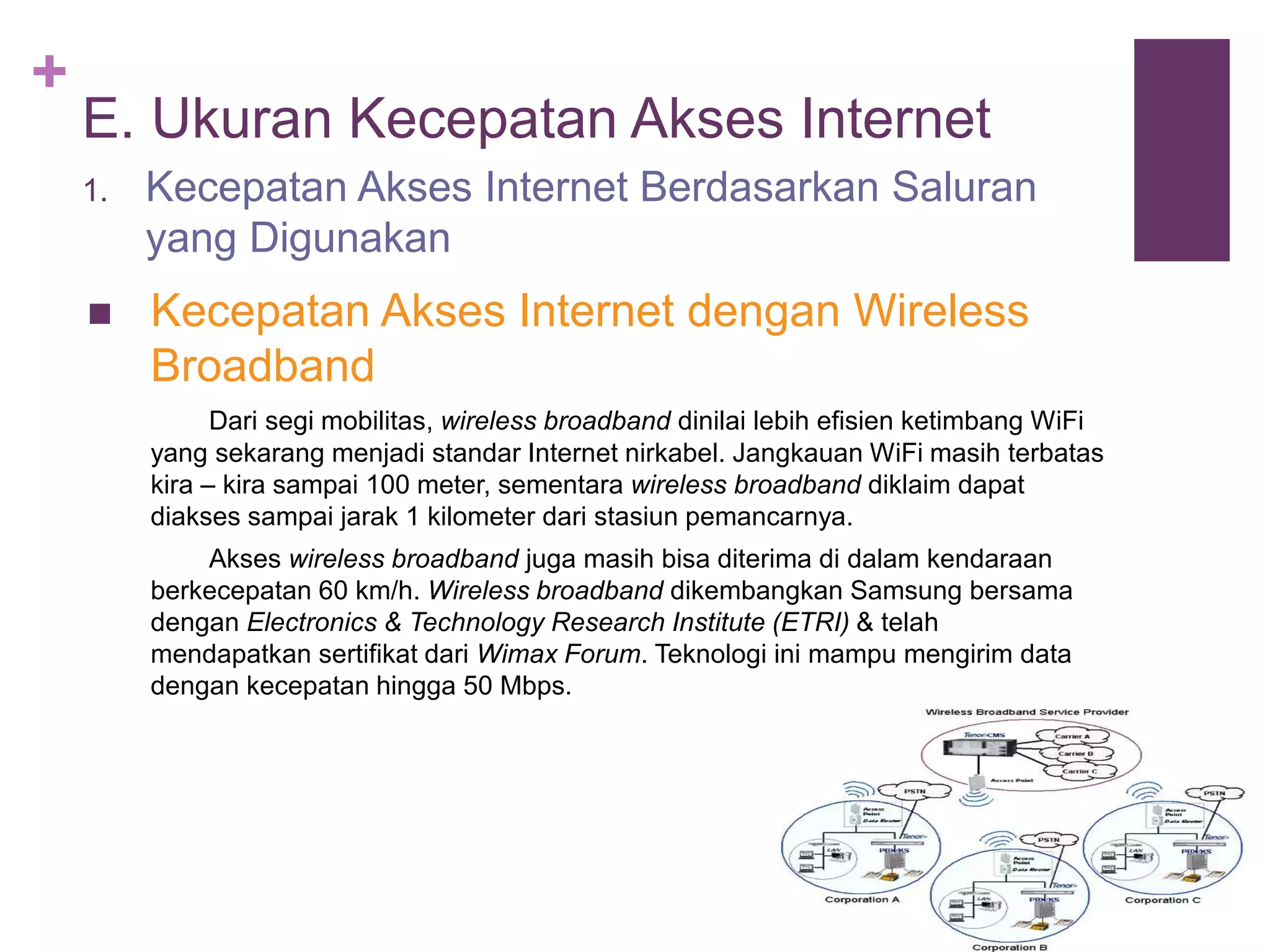 + 
E. Ukuran Kecepatan Akses Internet 
1. Kecepatan Akses Internet Berdasarkan Saluran 
yang Digunakan 
 Kecepatan Akses Internet dengan Wireless 
Broadband 
Dari segi mobilitas, wireless broadband dinilai lebih efisien ketimbang WiFi 
yang sekarang menjadi standar Internet nirkabel. Jangkauan WiFi masih terbatas 
kira – kira sampai 100 meter, sementara wireless broadband diklaim dapat 
diakses sampai jarak 1 kilometer dari stasiun pemancarnya. 
Akses wireless broadband juga masih bisa diterima di dalam kendaraan 
berkecepatan 60 km/h. Wireless broadband dikembangkan Samsung bersama 
dengan Electronics & Technology Research Institute (ETRI) & telah 
mendapatkan sertifikat dari Wimax Forum. Teknologi ini mampu mengirim data 
dengan kecepatan hingga 50 Mbps. 
 