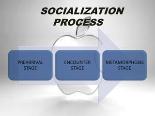 SOCIALIZATION
PROCESS
PREARRIVAL
STAGE
ENCOUNTER
STAGE
METAMORPHOSIS
STAGE
 