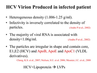 HCV Virion Produced in infected patient
• Heterogeneous density (1.006-1.25 g/ml).
• Infectivity is inversely correlated to the density of
particles. (Andre P et al., 2002)
• The majority of viral RNA is associated with
density<1.06g/ml. (Andre P et al., 2002)
• The particles are irregular in shape and contain core,
E1,E2 (HCV) and ApoB, ApoE and ApoC1 (VLDL
derivatives).
Chang, K.S. et al., 2007; Nielsen, S.U. et al. 2006; Meunier, J.C. et al., 2008
HCV+Lipoprotein  LVPs
 