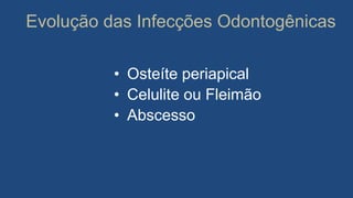 Evolução das Infecções Odontogênicas
• Osteíte periapical
• Celulite ou Fleimão
• Abscesso
 