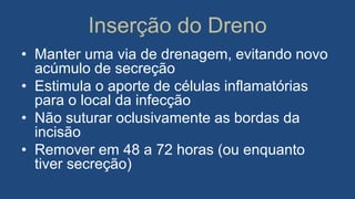 Inserção do Dreno
• Manter uma via de drenagem, evitando novo
acúmulo de secreção
• Estimula o aporte de células inflamatórias
para o local da infecção
• Não suturar oclusivamente as bordas da
incisão
• Remover em 48 a 72 horas (ou enquanto
tiver secreção)
 