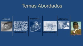 Temas Abordados
diagnósticoetiologia
microbiologia disseminação
tratamento
prognóstico
 