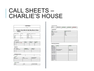 CALL SHEETS –
CHARLIE’S HOUSE
 