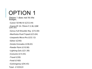 OPTION 1
Option 1 does not hit the
budget.
-Canon 5D Mk IV (£253.44)
-Canon EF 24-70mm F/2.8L USM
(£47.47)
-Genus Full Shoulder Rig (£72.00)
-Manfrotto Fluid Tripod (£23.04)
-Litepanels Micro Pro (£32.12)
-Editor (£240)
-Smoke Grenades (£38.65)
-Powder Paint (£10.90)
-Lighting Gels (£21.99)
-Costume (£14.95)
-Travel (£30)
-Food (£160)
-Contingency (£94.45)
Total- £1039.01
 