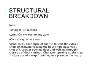 STRUCTURAL
BREAKDOWN
Intro
Timing:0-17 seconds
Lyrics:(On my way, on my way)
(On my way, on my way)
Visual Ideas: time lapse of sunrise to start the video /
shots of character leaving the house holding a map /
shot of character opening door and walking through/
close up of door closing / Character opening up the map
/ close ups of a map / pointing to a place on the map /
 