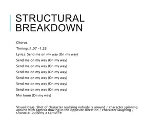 STRUCTURAL
BREAKDOWN
Chorus:
Timings:1.07 -1.23
Lyrics: Send me on my way (On my way)
Send me on my way (On my way)
Send me on my way (On my way)
Send me on my way (On my way)
Send me on my way (On my way)
Send me on my way (On my way)
Send me on my way (On my way)
Mm hmm (On my way)
Visual Ideas: Shot of character realising nobody is around / character spinning
around with camera moving in the opposite direction / character laughing /
character building a campfire
 