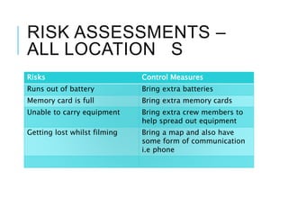 RISK ASSESSMENTS –
ALL LOCATION S
Risks Control Measures
Runs out of battery Bring extra batteries
Memory card is full Bring extra memory cards
Unable to carry equipment Bring extra crew members to
help spread out equipment
Getting lost whilst filming Bring a map and also have
some form of communication
i.e phone
 