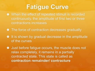 Fatigue Curve
 When the effect of repeated stimuli is recorded
continuously, the amplitude of first two or three
contractions increases
 The force of contraction decreases gradually
 It is shown by gradual decrease in the amplitude
of the curves
 Just before fatigue occurs, the muscle does not
relax completely, it remains in a partially
contracted state. This state is called as
contraction remainder/ contracture
 