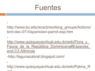 Fuentes
-
http://www.bu.edu/scscb/working_groups/Actions/
bird-dec-07-hispaniolan-parrot-esp.htm
-
http://www.quisqueyavirtual.edu.do/wiki/Flora_y_
Fauna_de_la_República_Dominicana#Especies_
end.C3.A9micas
-http://lagunacabral.blogspot.com/
-
http://www.quisqueyavirtual.edu.do/wiki/Palma_R
 
