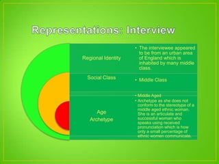Regional Identity
Social Class
Age
Archetype
• The interviewee appeared
to be from an urban area
of England which is
inhabited by many middle
class.
• Middle Class
• Middle Aged
• Archetype as she does not
conform to the stereotype of a
middle aged ethnic woman.
She is an articulate and
successful woman who
speaks using received
pronunciation which is how
only a small percentage of
ethnic women communicate.
 