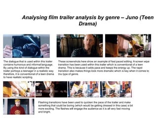 Analysing film trailer analysis by genre – Juno (Teen
Drama)
These screenshots here show an example of fast paced editing. A screen wipe
transition has been used within this trailer which is conventional of a teen
drama. This is because it adds pace and keeps the energy up. The rapid
transition also makes things look more dramatic which is key when it comes to
this type of genre.
The dialogue that is used within this trailer
contains humorous and informal language.
By using this kind of dialogue within the
trailer portrays a teenager in a realistic way
therefore, it is conventional of a teen drama
to have realistic scripting.
Flashing transitions have been used to quicken the pace of the trailer and make
something that could be boring (which would be getting dressed in this case) a bit
more exciting. The flashes will engage the audience as it is all very fast moving
and bright.
 