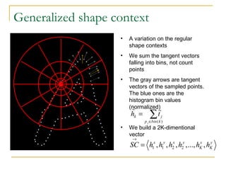Generalized shape context A variation on the regular shape contexts We sum the tangent vectors falling into bins, not count points The gray arrows are tangent vectors of the sampled points. The blue ones are the histogram bin values (normalized) We build a 2K-dimentional vector 