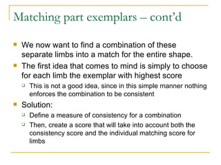 Matching part exemplars – cont’d We now want to find a combination of these separate limbs into a match for the entire shape. The first idea that comes to mind is simply to choose for each limb the exemplar with highest score This is not a good idea, since in this simple manner nothing enforces the combination to be consistent Solution: Define a measure of consistency for a combination Then, create a score that will take into account both the consistency score and the individual matching score for limbs 