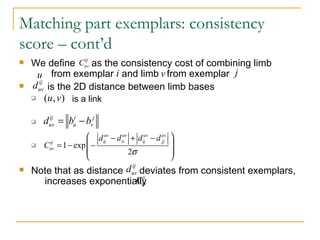 Matching part exemplars: consistency score – cont’d We define  as the consistency cost of combining limb  from exemplar  and limb  from exemplar  is the 2D distance between limb bases is a link Note that as distance  deviates from consistent exemplars,  increases exponentially 