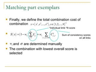 Matching part exemplars Finally, we define the total combination cost of combination and  are determined manually The combination with lowest overall score is selected Individual limb “fit score” Sum of consistency scores on all links 