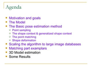 Agenda Motivation and goals The Model The Basic pose estimation method Point sampling The shape context & generalized shape context The point matching  Shape deformation Scaling the algorithm to large image databases Matching part examplars 3D Model estimation Some Results 
