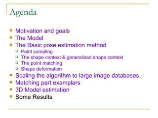 Agenda Motivation and goals The Model The Basic pose estimation method Point sampling The shape context & generalized shape context The point matching  Shape deformation Scaling the algorithm to large image databases Matching part examplars 3D Model estimation Some Results 