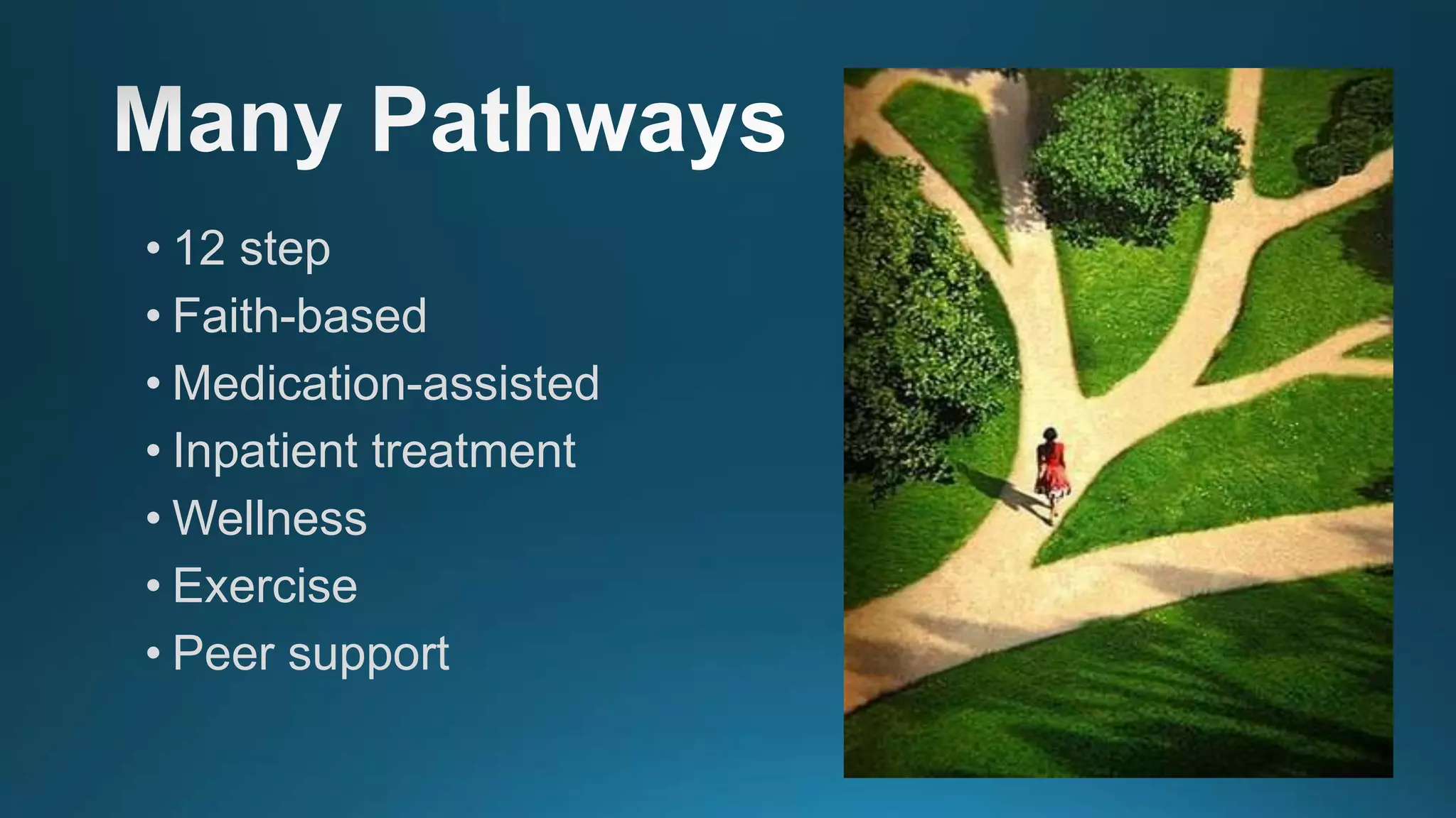 • 12 step
• Faith-based
• Medication-assisted
• Inpatient treatment
• Wellness
• Exercise
• Peer support
 