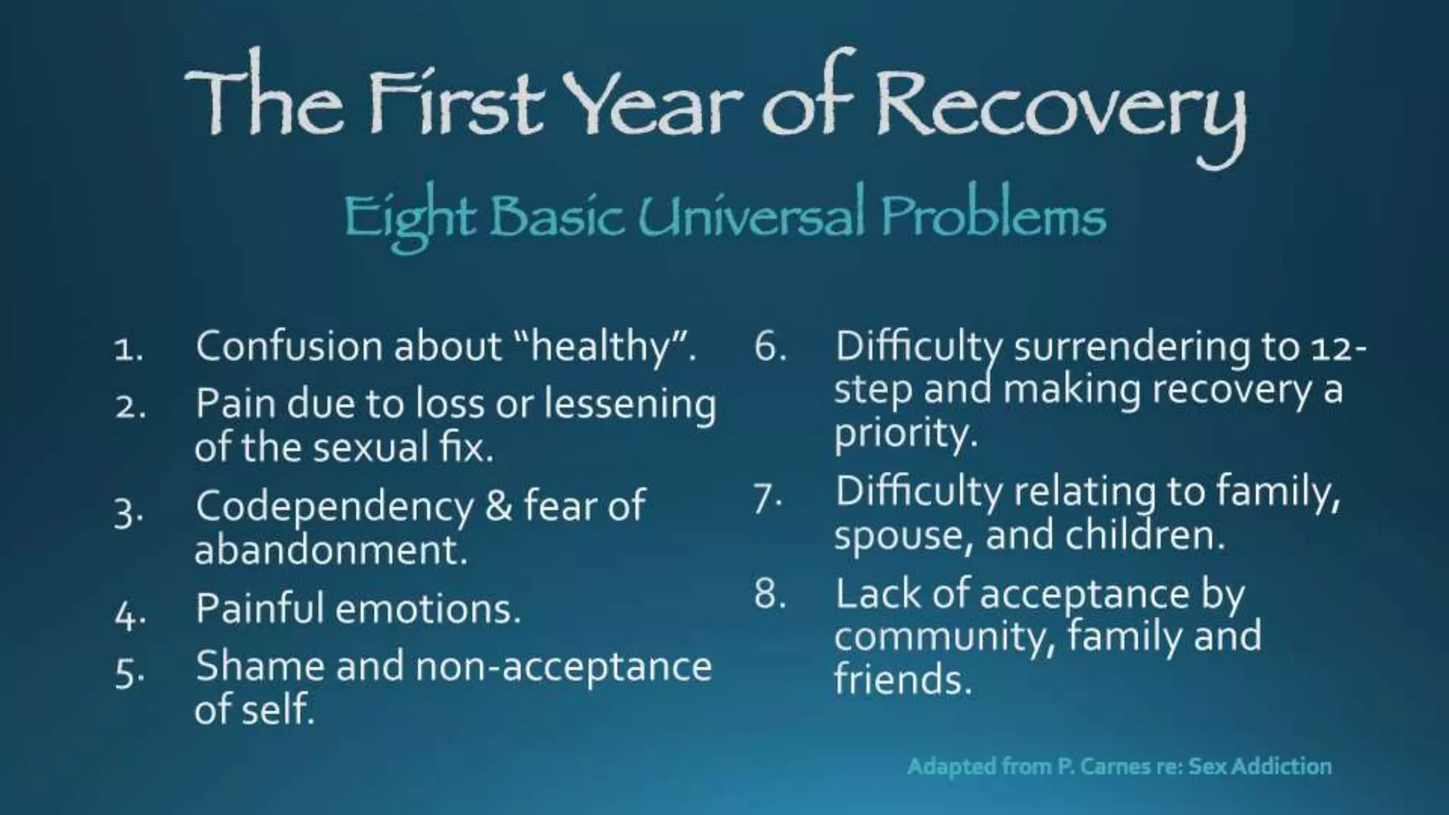 The First Year of Recovery
Eight Basic Universal Problems
Adapted from P. Carnes re: Sex Addiction
 